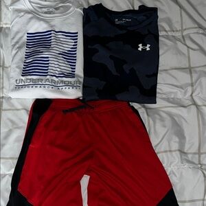 Under Armour White and Navy Tees with Red Shorts